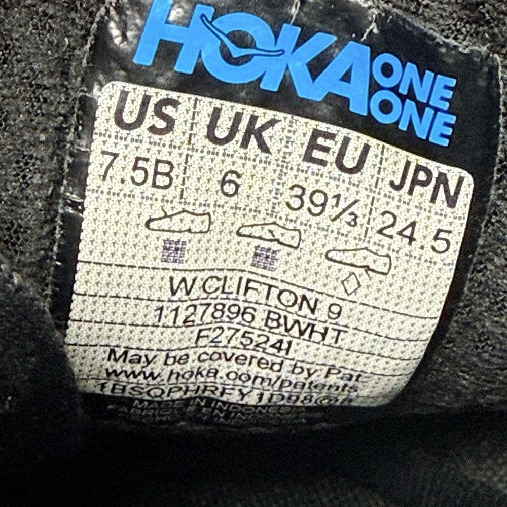 Hoka One One Womens Clifton 9 Size 7.5B Running Shoes 1127896 BWHT Black White - Picture 10 of 10